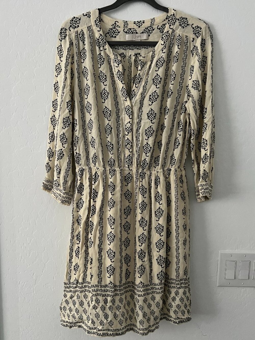 LOFT Boho Mini Dress Medium Cream Black Block Print Peasant Prairie Cottagecore